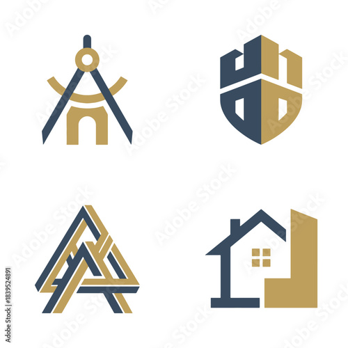 Collection of modern abstract vector logo icon designs in blue and gold for architecture, real estate, construction, and building design concepts.