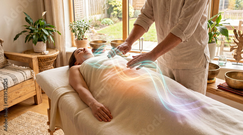 Energy Healing Session: Practitioner Performing Reiki Therapy in Relaxing Spa Environment