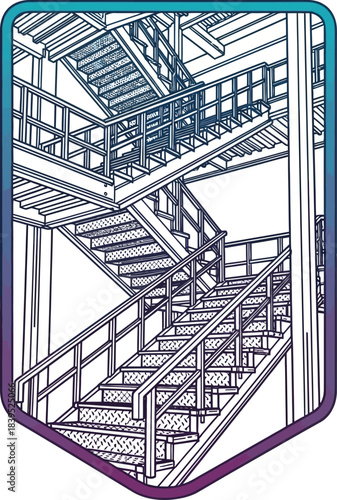 Staircase Structure in architectural design:  A meticulously crafted illustration of interconnected staircases and architectural structure