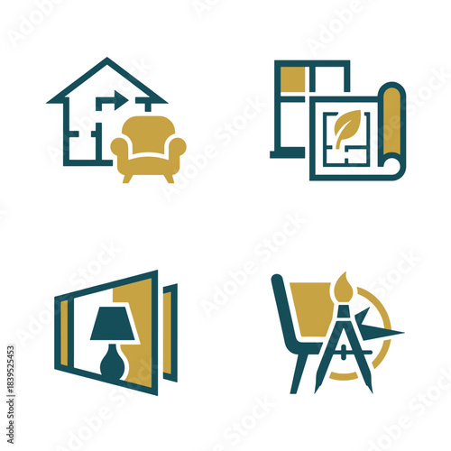 Modern Vector Icons Set for Home Interior Design, Architecture, Creative Planning, and Decor projects, offering stylish professional aesthetics.