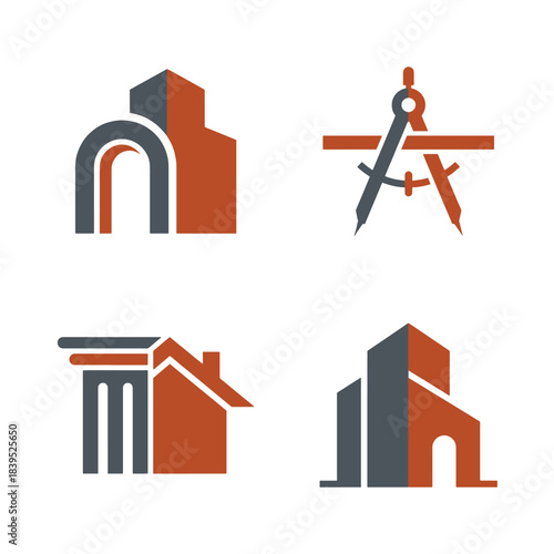Modern abstract geometric vector logo concepts for architecture, building, design, construction, and real estate businesses, featuring professional charcoal and terracotta colors.