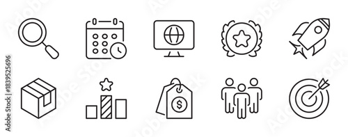 Digital marketing line icons set. Search, global business, e-commerce, price, website, social media, communication, advertising, traffic, target, rating etc. Editable stroke. Vector flat illustration.