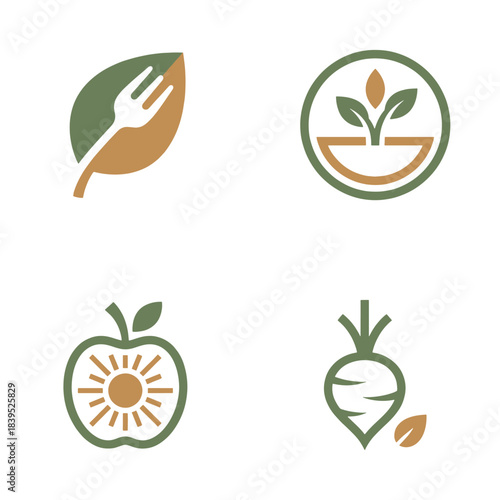 Collection of healthy food icons featuring natural, organic, and vegan concepts. These fresh green vector illustrations represent nutrition and agriculture, perfect for modern branding.