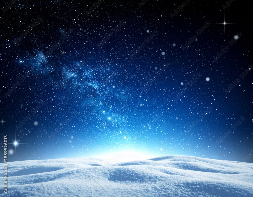 Fototapeta premium Vast Starry Night Sky Over Snowy Landscape with Milky Way and Bright Light