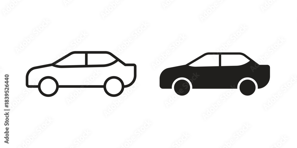 Fototapeta premium Car side view icons illustration, line art, glyph style vectors