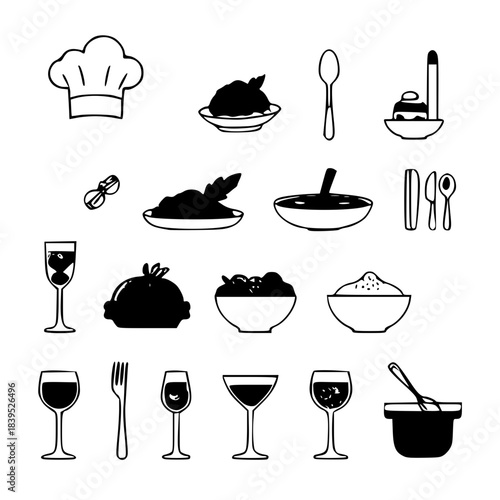 Food & Restaurant Icons Set – Dishes, Drinks, Utensils, and Chef Hats in Clean Flat Colorful Vector Style – Perfect for Restaurant, Food Delivery, and Culinary Website Illustrations