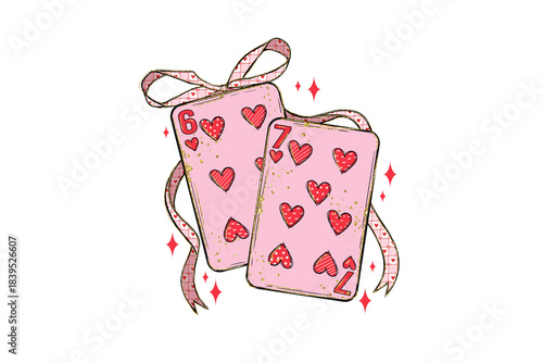  Two Pink Heart Playing Cards Tied with Bow Valentine Day Sublimation Design