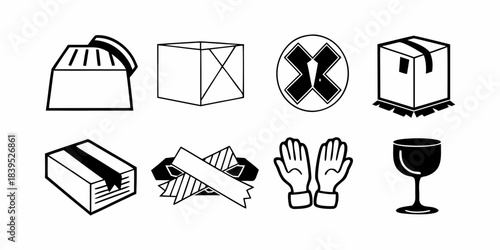 Set of icons related to shipping, packaging, and handling fragile items, including boxes, tape, gloves, and glassware