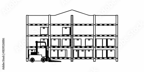 Warehouse storage racks with forklift truck loading boxes and cartons