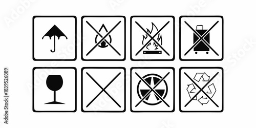 Set of eight universal warning symbols for shipping and handling, including fragile, do not wet, keep away from fire, do not transport, handle with care, no radiation, and recycling