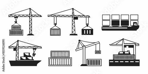 Vector illustrations depicting various port operations, cargo handling, and global shipping logistics with gantry cranes, cargo ships, and containers for industrial transportation concepts