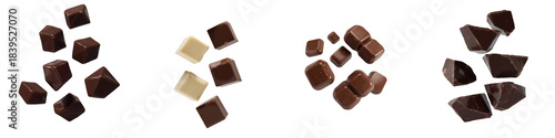 Set of assorted milk chocolate pieces with caramel-filled cubes and broken triangular shards on transparent background