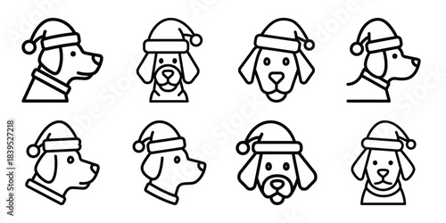 christmas dog with santa outline icon set. Holiday Icons illustration.