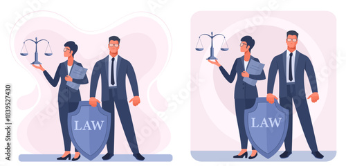 A male and female lawyer in business suits holding scales and a shield. Concepts of law, justice, legislation, and legal and advocacy services in business and court. Vector illustration.