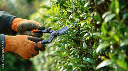 Hands of a gardener trimming a hedge with pruning shears in a vibrant garden scene