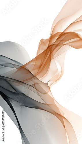 Minimalistic abstract representation of smoke in graceful grey and orange hues flowing elegantly across a white background