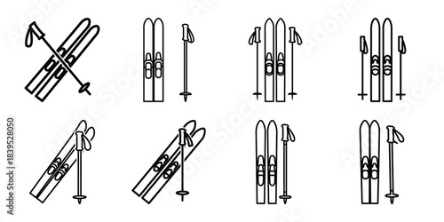 christmas ski poles outline icon set. Holiday Icons illustration.