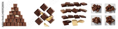 Set of assorted milk chocolate pieces with caramel-filled cubes and broken triangular shards on transparent background