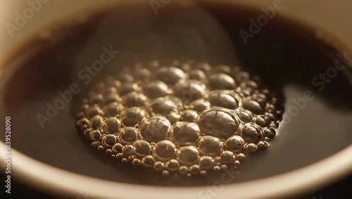 Bubbling Brew: A close-up view of a steaming cup of freshly brewed coffee, its surface adorned with a cluster of vibrant bubbles that dance playfully in the aromatic steam.
