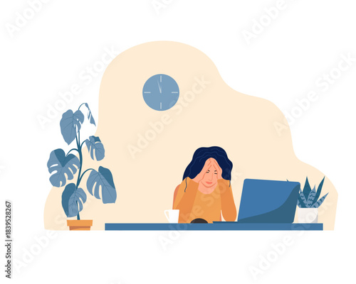 A woman is sitting at a table by a laptop, holding her head in her hands, looking tired and tense. There is a cup and house plants on the table. There is a clock on the wall, the scene illustrates wor