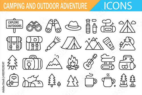 Outdoor adventure and camping equipment outline icons, vector symbol set