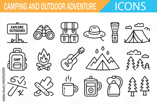 Adventure travel and camping line icons, trekking and hiking design elements