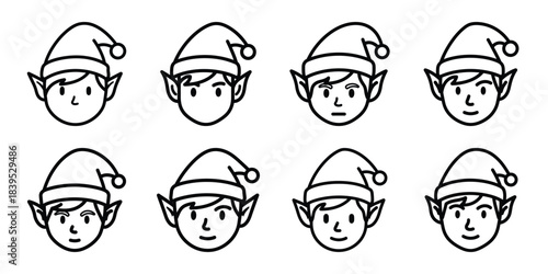 christmas elf face outline icon set. Holiday Icons illustration.