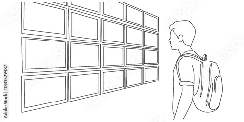 Student with backpack observing a grid of blank display screens in a minimalist line art illustration, representing observation and choice Vector, illustration