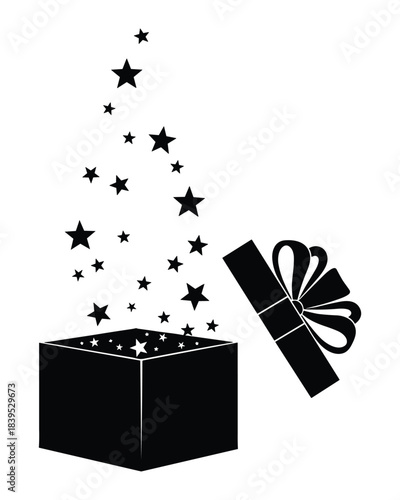 Open gift box with many stars flying out vector illustration