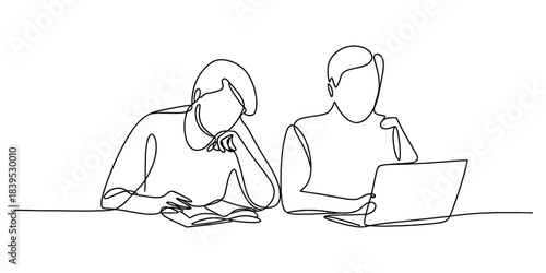 Continuous line drawing of two people, one reading a book and the other using a laptop, symbolizing collaboration and learning in minimalist style. Vector, illustration