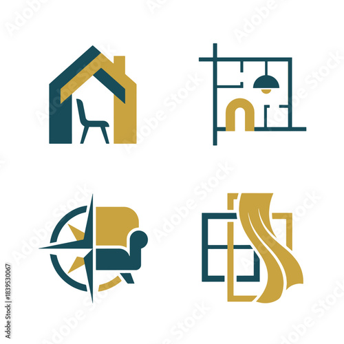 Modern Minimalist Vector Logo set for Home Design, Architecture, Furniture, and Property businesses, featuring abstract elegant teal and gold logos with professional appeal.