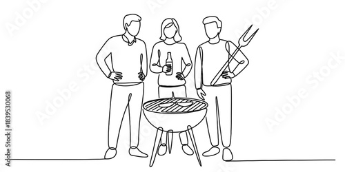 Three people, two men and one woman, stand around a barbecue grill with food and drinks, celebrating summer outdoors with a casual gathering and grilling food. Vector, illustration