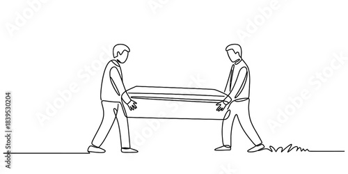 Two people in a continuous line drawing carry a coffin, symbolizing funeral procession, mourning, and respect for the deceased. Vector, illustration