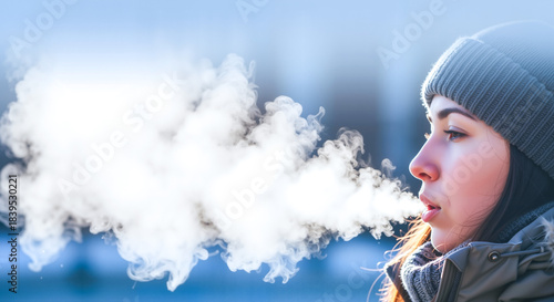 Young woman exhaling steam while wearing a beanie in winter outdoors  