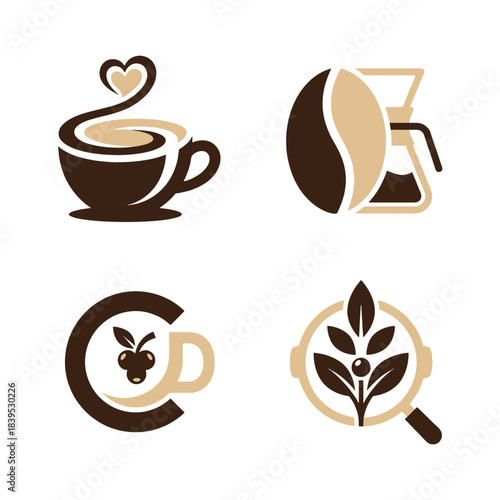 Modern `Coffee` `Logo` `Icon` `Vector` `Design` set showcasing `brewing` methods, `bean` and `cup` elements in a stylish `abstract` composition, ideal for `cafe` branding.