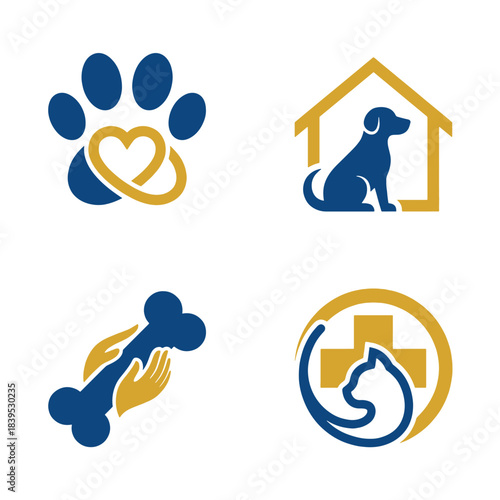 Collection of modern vector pet and animal care logo icons in blue and gold, symbolizing veterinary health, love, and shelter for diverse branding.