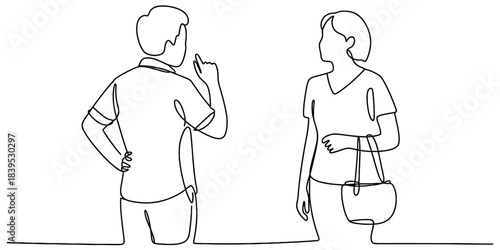 Man and woman in conversation, depicted in continuous line art style, suggesting discussion and interaction in a modern minimalist aesthetic. Vector, illustration