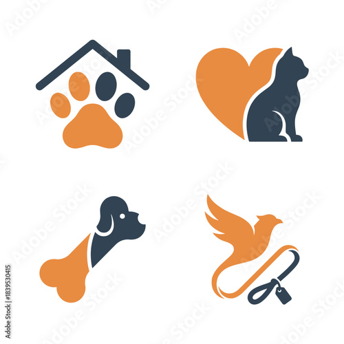 Modern vector pets and animals icons collection for dog, cat, and bird care, perfect logo elements for shelter branding or veterinary services.