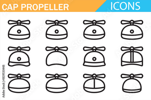 Kids propeller cap outline symbol set, fun beanie headwear icons