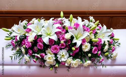 White lilies and carnations on a casket elegant and peaceful funeral flower arrangement funeral flowers grief death loss ceremony floral sadness cemetery mourning dead 