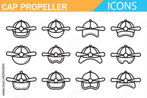 Linear propeller cap icon collection, cartoon toy hat vector illustration