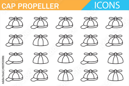 Playful propeller cap outline icons, kids fashion accessory symbol set