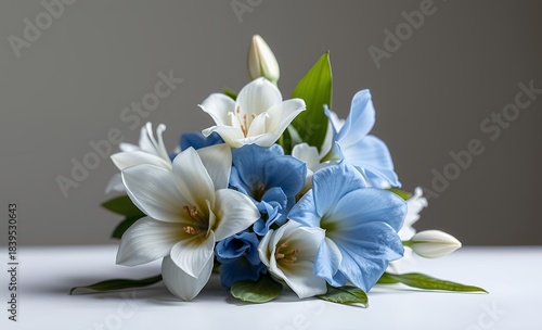 Handcrafted white and blue flowers selective focus copy space funeral flowers grief death loss ceremony floral sadness cemetery mourning dead 