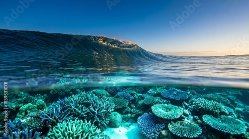 Fototapeta Naklejka Na Ścianę i Meble -  Split view of ocean wave cresting over vibrant coral reef ecosystem