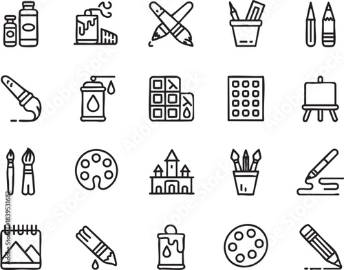 Collection of art supplies icons for design and creativity