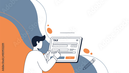 Man completing online tax form on a tablet with an orange submit button and pen