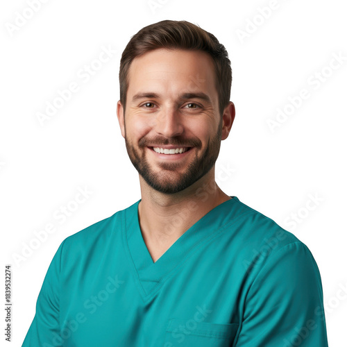 Smiling male doctor in teal scrubs isolated on transparent background