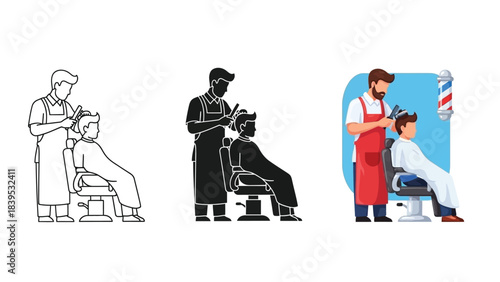 Barber and client in different styles including outline, silhouette and detailed illustration