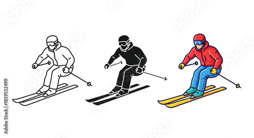 Illustration of a skier in three styles outline, silhouette and color