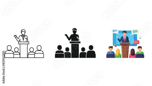 Set of speaker icons in different styles including line art, silhouette and colorful illustration